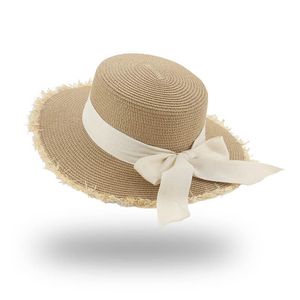 Breda randen hattar stråhatt för kvinnor strand platt stor bowknot elegant band solskydd khaki vit sommar sombreros de mujerwide