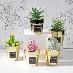 Decorative Flowers Small Nordic Gold-plated Artificial Succulent Bonsai Simulation Potted Plant Cute Desktop Decoration For Home Office