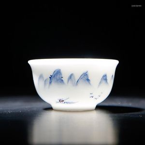 Tazze Piattini 5 Pz/lotto Dipinto A Mano Paesaggio Sottile Pneumatico Cinese Bianco Ceramica Blu Set Ciotola Da Tè Tazza Da Tè Una Tazza Di