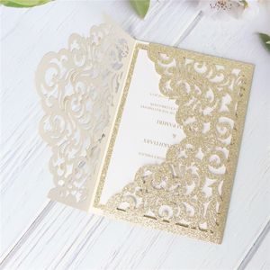 Greeting Cards Glitter Invitations Hollow Gold Silver Rose Gold Wedding Bridal Gift Card Birthday Greeting Card Customized Printing 230317