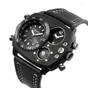 Armbanduhren Oulm 9865 Zwei Zeitzonen Antike Männer Armbanduhr Echtes Lederarmband Uhren Großes Zifferblatt Quarzuhr Männliche Uhr Relogio Masculino