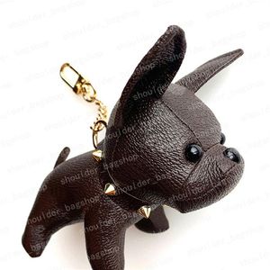 2021 Keychain Bulldog Key Chain Brown Flower Leather 남자 여자 핸드백 가방 수화물 액세서리 애호가 자동차 펜던트 7 색 323p