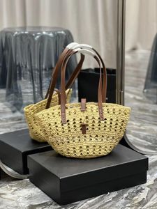 Hollow Straw Bag Bag Bask Basktable Basktable Bage Bag Raffia منسوجة سعة كبيرة تخزين بني مقبض أصفر 42*20*22 سم