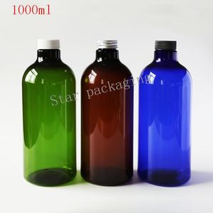 Förvaringsflaskor 10st/parti 1000 ml DIY Amber Pet Plastic Bottle 1L Big-kapacitet med skruvlock 1000cc Blue Liquid