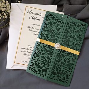 Greeting Cards 50pcs Tropical Emerald Leaves Invitation Cards With Gold Metallic Belt And Pearl For Wedding Anniversary Party 230317
