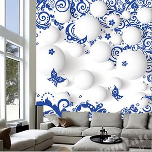 壁紙カスタムチャイニーズ3Dホワイトボールブルーと磁器の壁画エルレストランコーヒーショップリビングルームテレビウォールベッドルームの壁紙