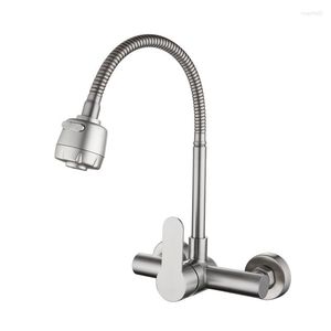 Kitchen Faucets Wall Mounted Faucet Pull Down Stream Sprayer Bubbler Stainless Steel Sink Tap Flexible Hose Double Holes Cold Mixer