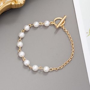 Link Bracelets Chain Fashion Simulated Pearl Gold Color Punk Asymmetric For Women Trendy Vintage Baroque Geometric Bracelet Jewellery