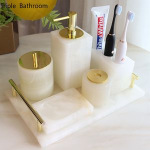 Liquid Soap Dispenser Nordic Bathroom Toiletry Set Natural Marble Liquid Soap Dispenser Mouth Cup Cotton Swab Box Soap Dish Tray Washing Tools 230317