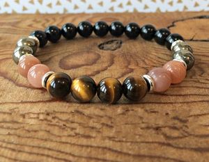 Filo Chakra del plesso solare 8MM Perlina Onice nero Occhio di tigre Pietra Pirite Sole Bracciale Manipura Gioielli Yoga Mala