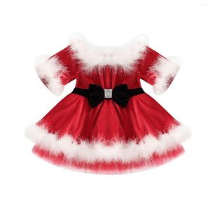 Mädchen-Kleider, Kleinkinder, Kinder, Babys, Mädchen, Weihnachtskleid, rot, schulterfrei, langärmlig, Blasenkleid mit weißem Fellsaum, 1–7 Jahre