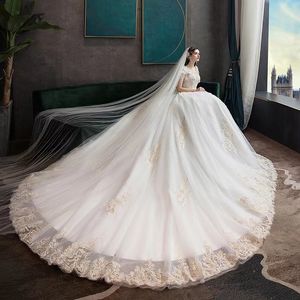 Modest Ball Gown Wedding Long Train Beaded Bridal Gowns Sheer Jewel Neck Lace Appliqued Sequins Plus Size Robe De Mariee Custom Made Quinceanera Dresses 403