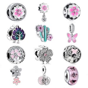 925 silver Fit Pandora Original berlocker DIY hänge kvinnor Armband pärlor 925 rosa blommor Butterfly Glaspärla Tillbehör