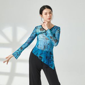 Stage Wear Adult Classical Print Semi Transparent Belly Dance Mesh Blouse Split Long Sleeve Top For Women Dancing Clothes Dancer Clothing