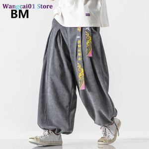 wangcai01 Men's Pants Chinese Style Belt Fashion Loose Baggy Casual Pants Men Clothing 2020 Harajuku Corduroy Bloomers 5XL Plus Size Harem Pants Male 0318H23