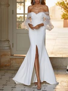 Boho Mermaid Wedding Dress 2023 Off Axla Puffy Seeves Satin Split Front Backless Bridal Gowns Robe de Mariage Women Custom Made Made