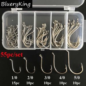 Fiskekrokar Bluekim 55st/set 92554 Rostfritt stål Offset Octopus Fish Hooks Long Shank Sport Circle Octopus Fishing Hook Carp Fishhook Jig P230317