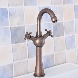 Kökskranar Rom Röd koppar Deck Mount Badrumsvask Kanning Antik solid mässing Basin Cold Mixer Water Taps Dubbel Handle 2SF629