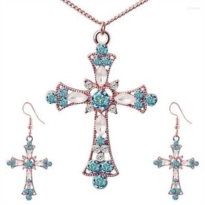 Halskette Ohrringe Set 3-teilig Aussage für Frauen Kristall Kreuz Anhänger Halsketten Sets Halsband Jesus Blume christliche Religion Schmuck