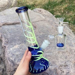 Glass Bong Smoking Water Pipe 10'' Glow In The Dark Percolator Hookah with 14mm 45° Ash Catcher Tobacco Filter Pipes