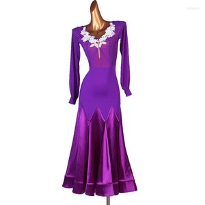 Scene Wear Adult Ballroom Competition Dance Dresses Lady's Purple Long Sleeve Kirt Women Tango Waltz Dancing Dress