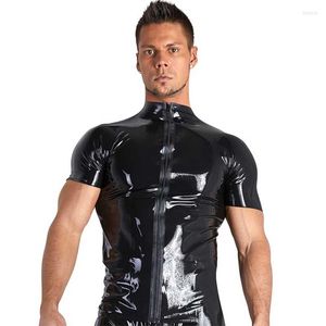 Męskie koszule seksowne gotyckie krótkie t-shirt unisex dla dorosłych czarny mokra faux skórzana koszula błyszcząca winylowa pvc Underhirt Scena odzieży klubowej