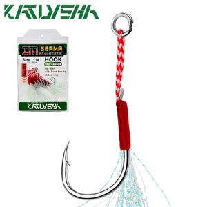 Fishing Hooks KATYUSHA 10Pcs Metal Jig Assist Hooks 11-20# With PE Line Feather Solid Ring Jigging Tail Fishhook for Lure Fishing Hooks P230317