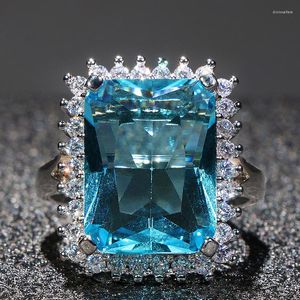 Wedding Rings Inlaid Sea Blue Square Topaz Diamond Princess Ring European And American Fashion Women's Engagement