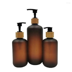 Bottiglie di stoccaggio 120ml 250ml 500ml Bottiglia per pompa per lozione PET Ambra satinata Shampoo Doccia Gel Dispenser Coperchio in bambù Disinfettante per mani vuoto 15 pezzi