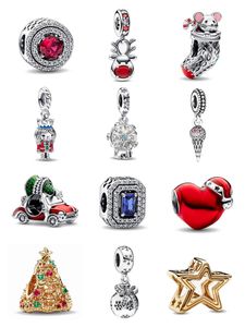 925 Silver Fit Pandora Charms originais pingentes de pingente diy Bracelets BEADS Snowglobe Dangle Charm Metallic Red Christmas Heart