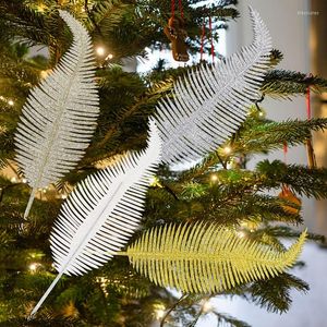 Flores decorativas 3pcs Glitter Feather Artificial Folhas falsas Filial Decoração de árvore de Natal Decoração de casa Navidad Ano