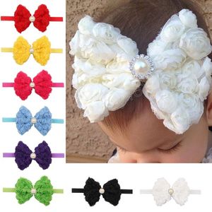 Baby Girls Szyfonowe opaski na głowice kwiatowe z perłowym dhinestone niemowlę elastyczne łuki opaski do włosów dla nowonarodzonych maluchów dzieci
