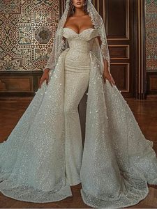 Suknia ślubna Smarle Mermaid z odłączonym pociągiem 2023 Off Pearls Pearls Koraliki cekinowe suknie ślubne szatę de Mariee kobiety