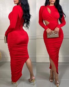 Casual Dresses Sexy For Women 2023 Plain Wedding Guest Long Sleeve O-neck Cutout Split Hem Ruched Bodycon Maxi Party Dress