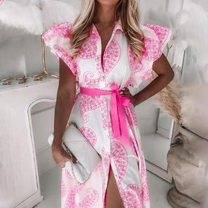 Party Dresses 2023 Womens Long Dress Printed Deep V Neck Autumn Ruffles Sleeve Split Hem Bohemian Draped Maxi For Wedding Beach sundress