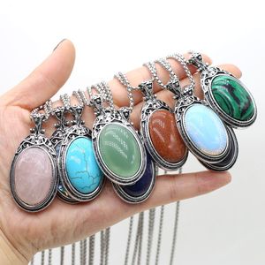 Ovale Naturstein-Anhänger-Halskette, Abalone-Muschel-Achat-Opal-Link-Ketten, heilende Kristalle, Stein-Halskette für Frauen, Schmuck