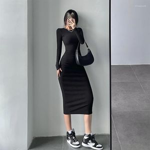 Casual Dresses Womenaga Girl Sexig Tight Thin Round Neck Full Sleeve Skinny Hip Long Maxi Dress Fashion Winter Elegant FB8B