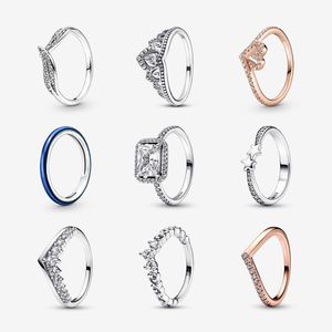 925 Sterling Silver Rings for Women Original Tiara Heart Wishbone Engagement Rose Gold Wedding Stacking Ring Crystals Smycken