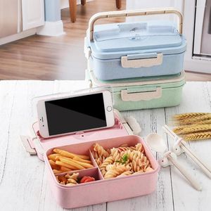 Dinnerware Sets Microwave Lunch Box With Spoon Chopsticks Wheat Straw Storage Container Kids School Office Bento