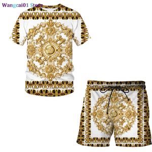 wangcai01 Herren-Trainingsanzüge, luxuriöse goldene Blume, 3D-Druck, lässige Joggerhose, 2-teiliges Herren-Set, Sommermode-Trend-Trainingsanzug, übergroße Boardshorts 0318H23