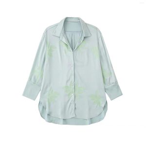 Women's Blouses 2023 Women Fashion Leaf Embroidered Satin Loose Shirts Vintage Long Sleeve Front Buttons Female Blusas Chic Tops