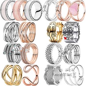 2023 New 925 Sterling Silver Rose Gold, Glittering CZ Polishing Wiring Wide Ring, Ms. Pandora's Jewelry Fashion Accessories Can Be Used As Gifts