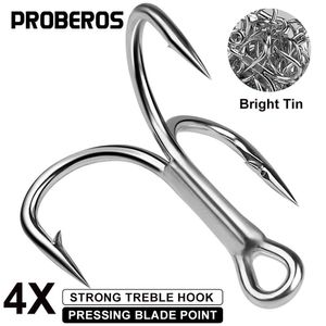 Ganchos de pesca Proberos 10pcs 4x Ganchos de pesca de tamanho grande forte 4# -5/0# Anti-Rust Treble Hook Bright Tin Carbon Steel FishHooks Fishing Sea P230317