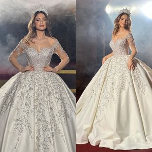 Luxury Ball Gown Wedding Dresses Sweetheart Long Sleeves Shining Leaves Applicants Backless Zipper Court Gown Sequins Custom Made Bridal Gown Vestidos De Novia