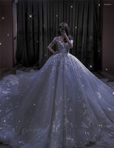 Hochzeitskleid Luxus-Perlenkleider mit langer Schleppe, Pailletten-Spitze-Prinzessin-Kleider nach Maß