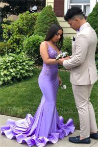 Sexy Lavender Prom Dress African Girls Mermaid Deep V Neck Evening Gowns With Beads Appliques Junior Teens Graduation Party Dress BC15344