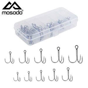 Ganchos de pesca Mosodo 50pcs/caixa ganchos de pesca tripla conjuntos de aço carbono farpado de peixes de peixes para iscas acessórios de pesca do mar ferramentas de tackle p230317