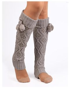 Women Socks Knitted Rhombus Pattern Footless Knee High Boot With Fur Ball