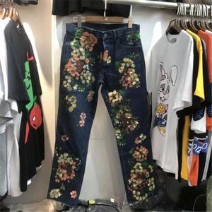 Jeans masculinos 2023 Flor Painted Painted Graffiti Alta qualidade e S-XL Straight feminino