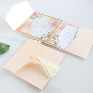 Greeting Cards Nude Pink Personalized Pocket Wedding Invitations With Tassles Metallic Gold Border Invite Printing RSPV 250g Paper Multi Colors 230317